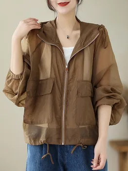 Дамски летни тънки якета, Ново записване 2023, просто стил, обикновена Свободни дамски слънчеви палто с качулка, ежедневни палто B2779