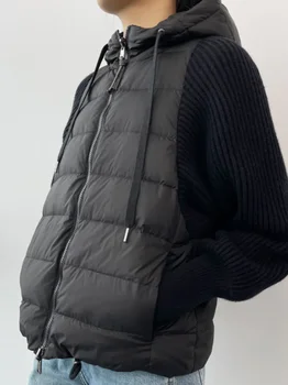 Трикотажная яке за жени с качулка на съвсем малък и дълъг ръкав, ежедневното есенно-зимно палто