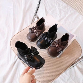 Детски Обикновена черни обувки с кръгло бомбе и лък за момичета; Колекция 2023 г.; Модни нескользящие Ежедневни Ботильоны в Японски стил Ретро стил в платформата