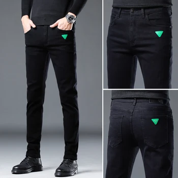 2023 Есен-зима, нов дизайн, мъжки панталони стрейчевые черни дънки със зелено лого, модерни ежедневни дънкови панталони, добри памучни панталони, мъжки