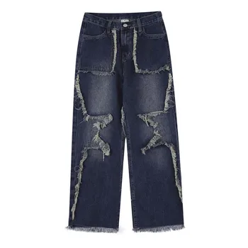 Мъжки Широки дънкови панталони в стил хип-хоп звезди в стил мозайка Свободно намаляване на Y2K, Дънкови панталони в стил хип-хоп, Градинска дрехи, спускане в стил Харадзюку