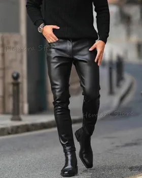Маркови есенни мъжки кожени панталони, монтиране на еластична стил, модни панталони от изкуствена кожа, мотоциклетни панталони, тънка градинска облекло