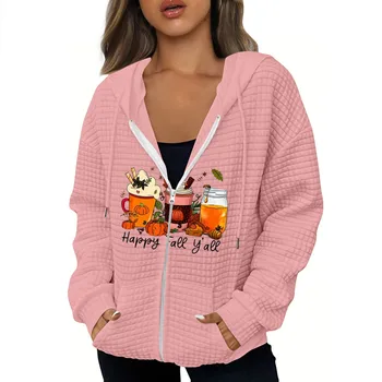Дамски палта есен-зима ежедневни модни блузи с качулка, горна дреха, яке с цип с принтом Деня на Благодарността и джоб