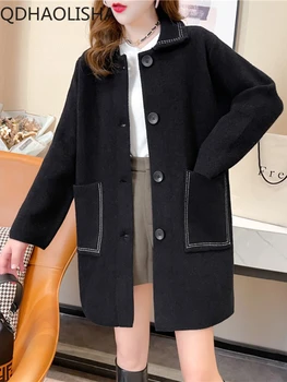 Дамско палто, корейски модни дебели блузи с дълги ръкави, Без всекидневни вязаный жилетка със средна дължина, двустранен кадифе дамски дрехи