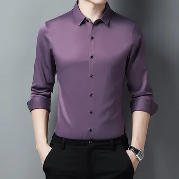 Есен 2023, Нова мода однотонная тениска за мъже, дрехи бизнес в корейски стил с дълъг ръкав, луксозни мъжки ризи за светски събития