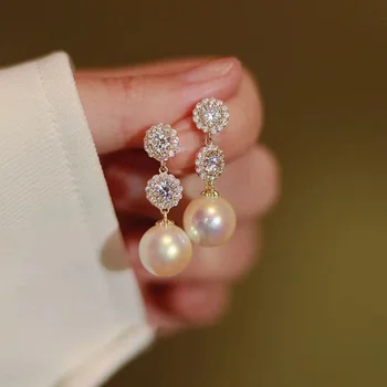 Красиви дамски обици-розово с перли, Луксозни обеци с бели кристали, сватбени обици златен цвят за жени