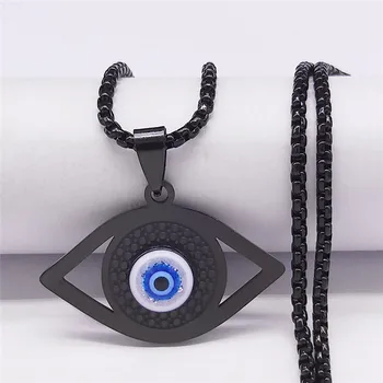 Колиета с висулки във формата на очите Пуйка от неръждаема стомана за жени, колие с веригата черен цвят, бижута ojo turco N1258S06