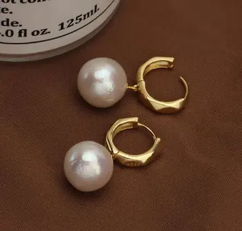 Обици от естествени перли с по-големите частици и кръгли обеци в стил барок S925