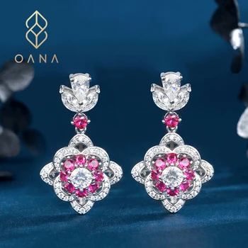 Обеци От Сребро OANA S925 С Высокоуглеродистым диамантен пръстен, Дамски Червени Дизайнерски обеци с дълги Листенца, Модни Бижута