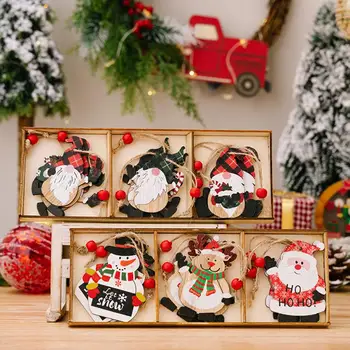 1 Коледен Комплект Дървени Подвесного Украса С 3 Отделения Кутия На Дядо Коледа На Северния Елен Снежен Човек Джудже Коледна Украса На Коледната Елха