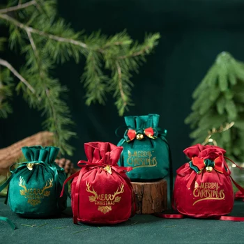 Коледни подаръчни кутии, креативна чанта за сладкиши и ябълки, опаковъчна хартия с лък-камбана, Тъмно-зелени, червени Коледни декорации, празнични аксесоари