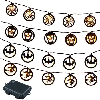 Гирлянди за Хелоуин, 20 led светлини, венец за вътрешни и външни декорации, Вещица-скелет на прилеп, работещи на батерии