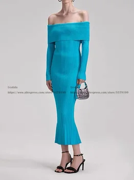 Жена трикотажное синьо стрейчевое рокля-русалка Lvydala с дълъг ръкав