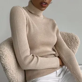 K 2023, Нов дамски Есенно-зимния пуловер с висока воротом и дълъг ръкав, Обикновен Тънък Вязаный пуловер за дамите, модерен Основен Универсален пуловер