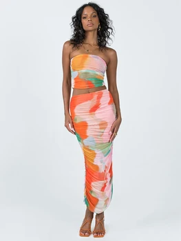 Combhasaki/ Женски Елегантен комплект обтягивающих рокли, многоцветен топ без презрамки с принтом под формата на тай-боя и облегалката + Дълга пола с рюшами, костюм от 2 теми