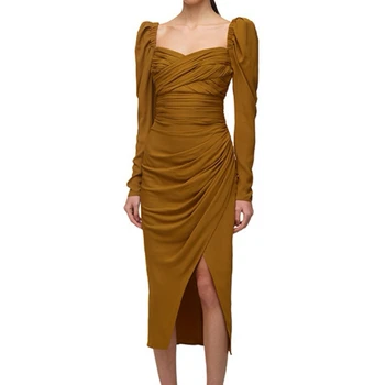 Женствена рокля 2023, Началото на есента, Ново черно Ретро рокля с дълги ръкави и цепка