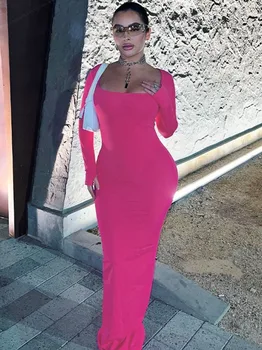 Ежедневни Сексуални Обикновена рокля с квадратна яка и дълъг ръкав за жени 2023, Есенна Градинска облекло Y2K, Дебнещ в Розово-червено Офис рокля