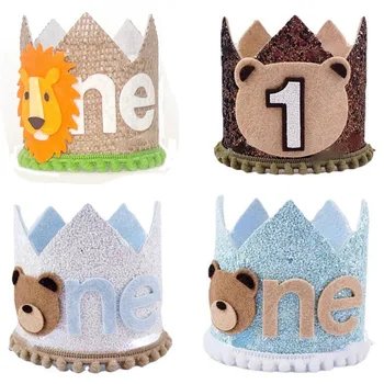 Детска шапчица с корона за рожден ден, шапчица с лъв корона, капачка за рожден ден за украса на 1-ви рожден ден момче или момиче, аксесоари за парти в чест на детската душа