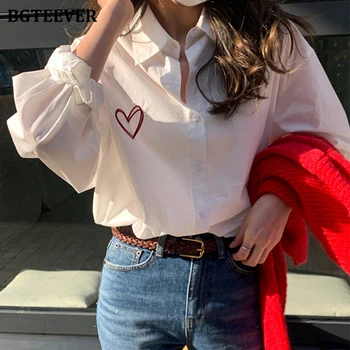 BGTEEVER, модерни бели ризи с ревера и бродерия във формата на сърце, женски однобортные блузи с дълъг ръкав, есен