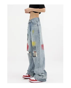 Лятна Градинска облекло 2023 година в стил Харадзюку, вратовръзка-боя се, Реколта Свободни дънкови панталони Y2K, Дамски спортни панталони, Широки скъсани дънкови панталони