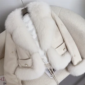 2023 Нова Мода Дамско Зимно яке-пуховик от естествена кожа, палта с дълъг ръкав, Топло Свободна Луксозен Дамски Връхни облекла с подвижна яка от лисьего кожа