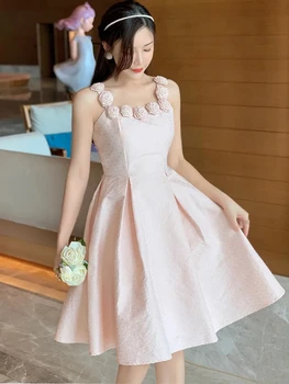 Висококачествено Розово Лятна рокля с обемни цветя и диаманти, Женски Плиссированное Секси рокля-комбинация с тънка талия, Vestido