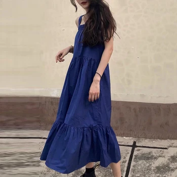 Синьо женствена рокля без ръкави, лятна Рокля на принцеса, Красива сладка женска Винтажное Рокля във френски стил с естетически плисета, декорирани в литературния стил Fairycore