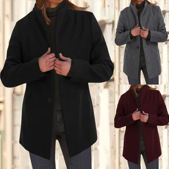 Жена есенно-зимния топло палто със Средна дължина, в Ретро стил, Ежедневното просто покривка козината на копчета, однотонная яке, Топло ветровка L5