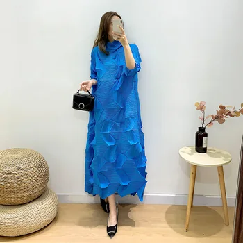 GGHK Miyake Висококачествено рокля трапецовидна форма, с хаотично плиссированным дизайн и високо воротом, Елегантен и свободно рокля на големия размер, с нови модели