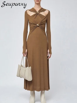Висококачествено 2023 Ново дамско модно трикотажное рокля с оригинален дизайн, Секси рокля с дълги ръкави и V-образно деколте, Елегантна вечерна рокля знаменитост