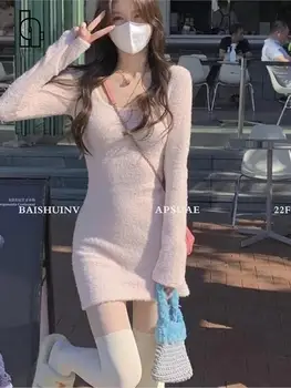 Корейското Сладко Розово, Синьо-Бяло Фино мини рокля, Секси Елегантна Трикотажное рокля с квадратна яка, дълъг ръкав, Есента и Зимата рокля-пуловер, Сладко