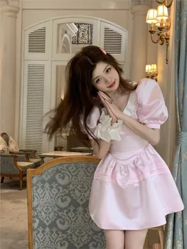 дамско розово сладко принцеса рокля с пищни ръкави, сладка мини рокля трапецовидна форма с отложным яка, дамско дантелено рокля в стил мозайка за рожден ден