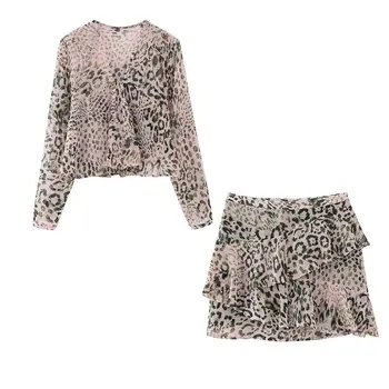 ТРАФИКА на Дамски Модни Къс шифоновая блуза с V-образно деколте и леопардовым принтом, Дамски ризи с дълъг ръкав и набори, Блузы, Луксозни маркови потници