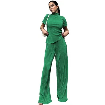 Модерен момиче, модерен темперамент, обикновен комплект, драпированная плиссированная риза, широки панталони, зелена комплект