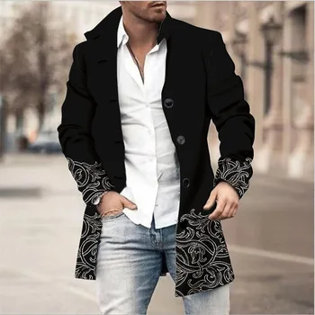 Вълнена яка с висока яка с 3D принтом, джоб със средна дължина, ежедневното палто, пролетта и есента мъжки оборудвана приятелка, топли връхни дрехи разпродажба
